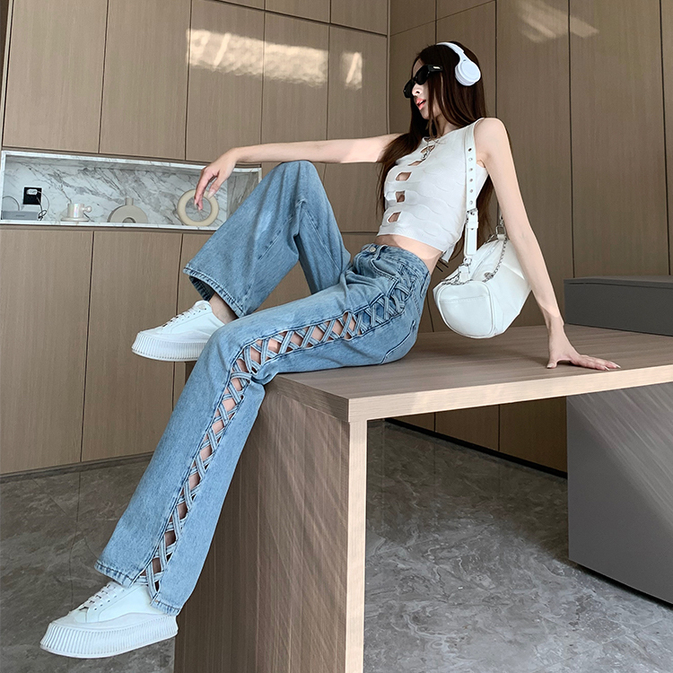 レディース ジーンズ 美脚  サイドレースアップジーンズ ストレートジーンズ レースアップジーンズ ハイウエスト ジーンズ デニム トレンド. 可愛い  カジュアル ストリート